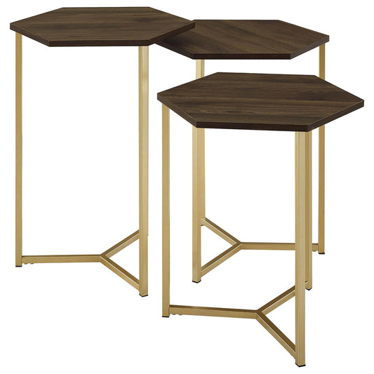 Hex Nesting Tables Set Of 3 - Dark Walnut / Gold